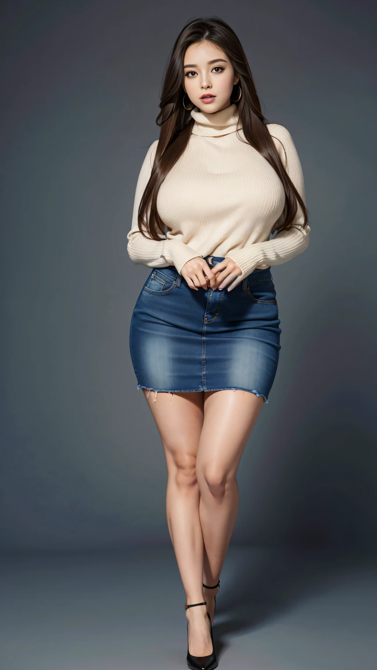 Full body shot of 1 beautiful woman, adult, large body, voluptuous woman, (very long straight hair),( brunette hair), outlined eyelids, made-up eyelids,  turtleneck sweater,  scarf, neckline, (blue mini denim skirt),  tempting , dreaming, curvy hourglass figure, oppai proportion, tight skirt , tall, tall, long legs
