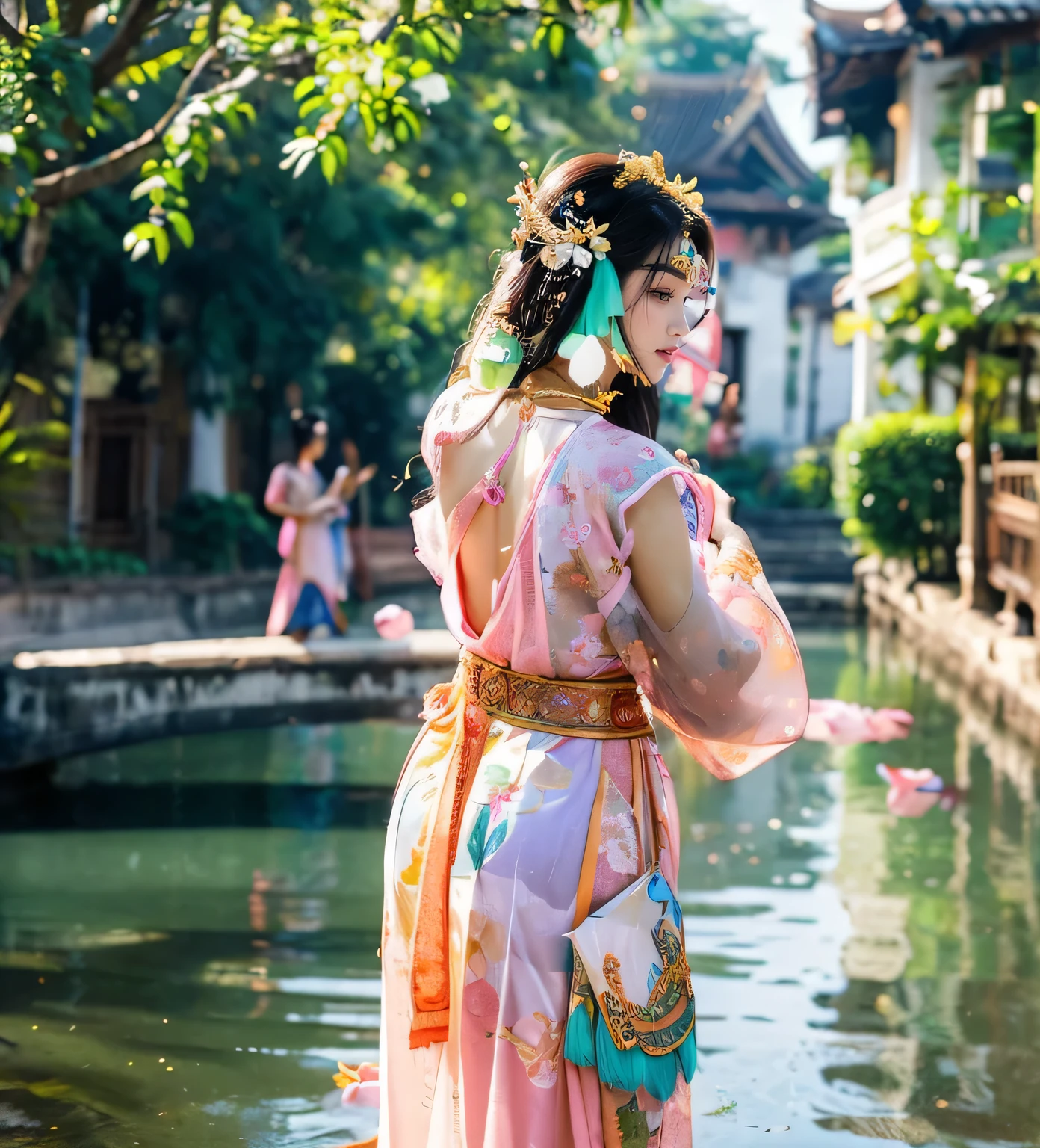 (goddess-like happiness:1.2), Gentle and lovely Lao Girl, double eyelids, peach blossom eyes, pink lips, small nose, focused face, close-up of face, super high definition, super detail, full body photo, Laos's Sinh, best ratio, Lao Style, floating hairs, Traditional dress in Laos, Sinh, (RAW photo:1.2), (photorealistic:1.4), (masterpiece:1.3), (intricate details:1.2), A glamorous Lao beauty walks confidently and elegantly down an old streets of Laos in Sinh, and when she reaches the end of a footbridge, she stops and strikes a pose to show off her outfit from all angles.