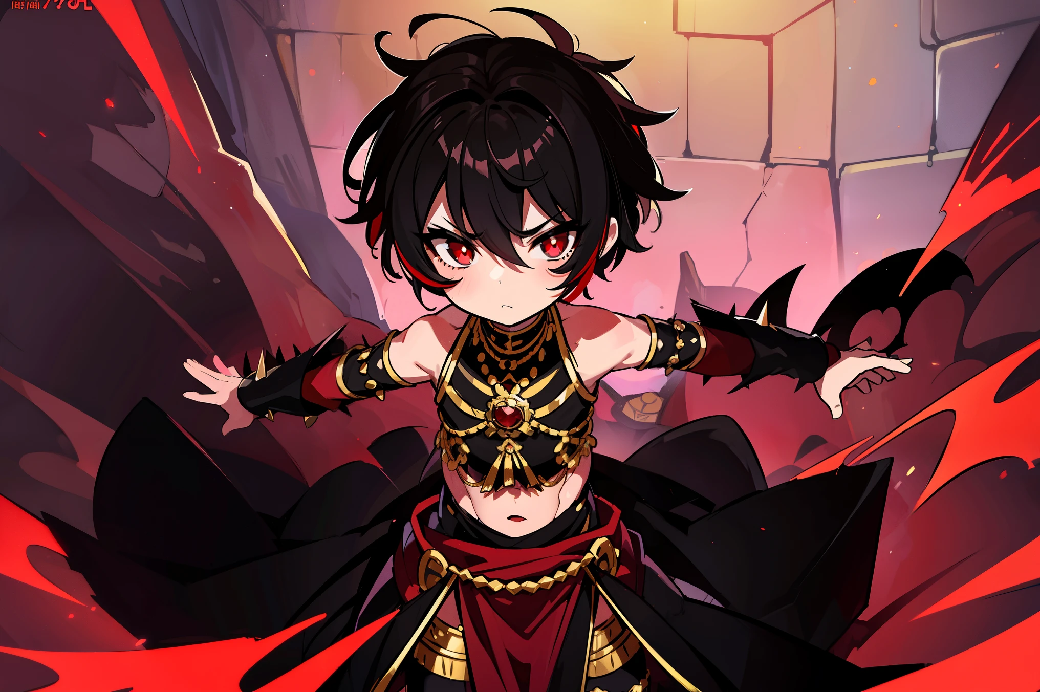 ((shota)), ((young boy)), ((solo)), short black spiky hair. red highlights, red eyes. (black belly dancer outfit), skimpy, dynamic pose, (inside dungeon), standing, up close, Very good figure, extremely detailed, cinematic lighting, volume lighting, masterpiece, best quality