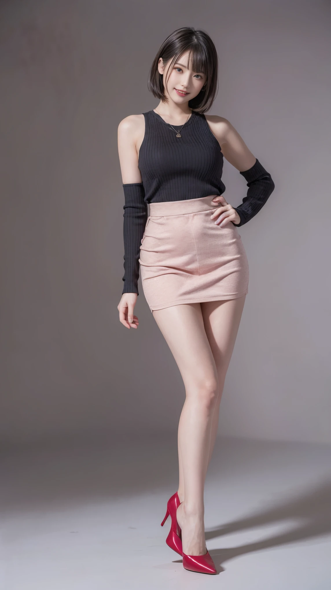 highest quality,masterpiece,Ultra-high resolution,Original photo,Ultra-high resolution,Beautiful woman 25 years old woman'Fashion that was popular in the 2000ini skirt,Clothing from the Heisei era in Japan,Long legs:1.5,high waist,Full Body,Flashy makeup using red eyeshadow,Big smile,Short cut with subtle side waves,whole body,Gray background,