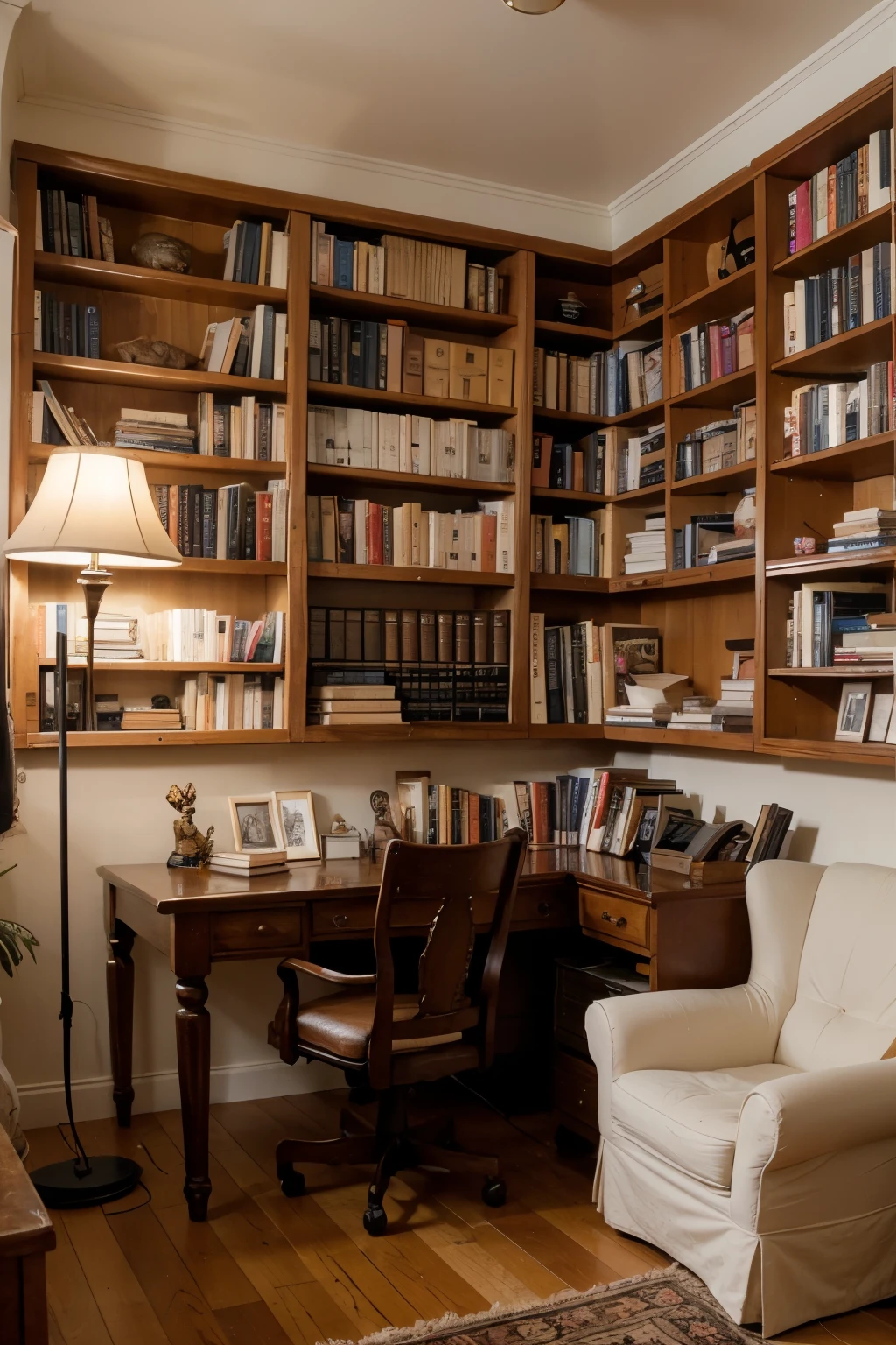 A corner of the study，There are bookshelves and books on the wall，The style is required to be realistic