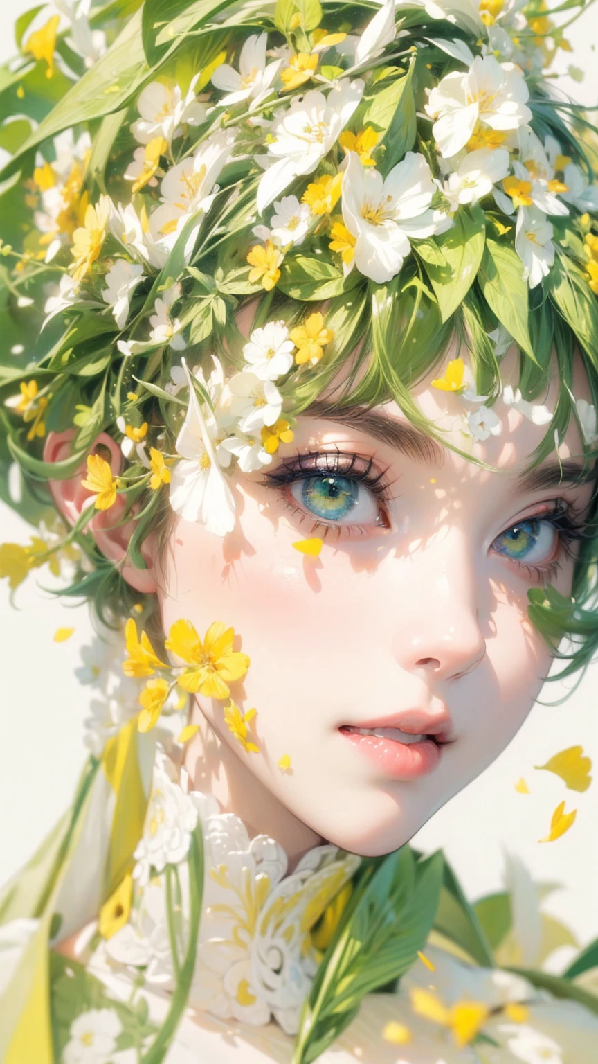 ((masterpiece, High resolution, highest quality, Attention to detail)), 20-year-old female, Avant-garde makeup, short hair, Off the shoulder, Yellow, green, white, Petal Collage, abstract design, artistic juxtapositions, High contrast, White background, Anime Style, Simple lines, Digital Painting,