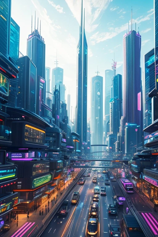 (futuristic city:1.2), (Shambala city), advanced architecture, bustling streets, vertical gardens, high-tech skyscrapers, futuristic transportation system, flying vehicles, floating platforms, technology-driven society, neon lights, holographic displays, energetic atmosphere, vibrant colors, sleek designs, glass facades, bustling marketplaces, advanced AI systems, clean energy sources, sustainable infrastructure, efficient public transportation, elevated walkways, aerial views, expansive skyline, innovative city planning, seamless integration of nature and technology, architectural marvels, smart city technology, automated services, cutting-edge advancements, harmonious coexistence of humans and machines, utopian vision.
