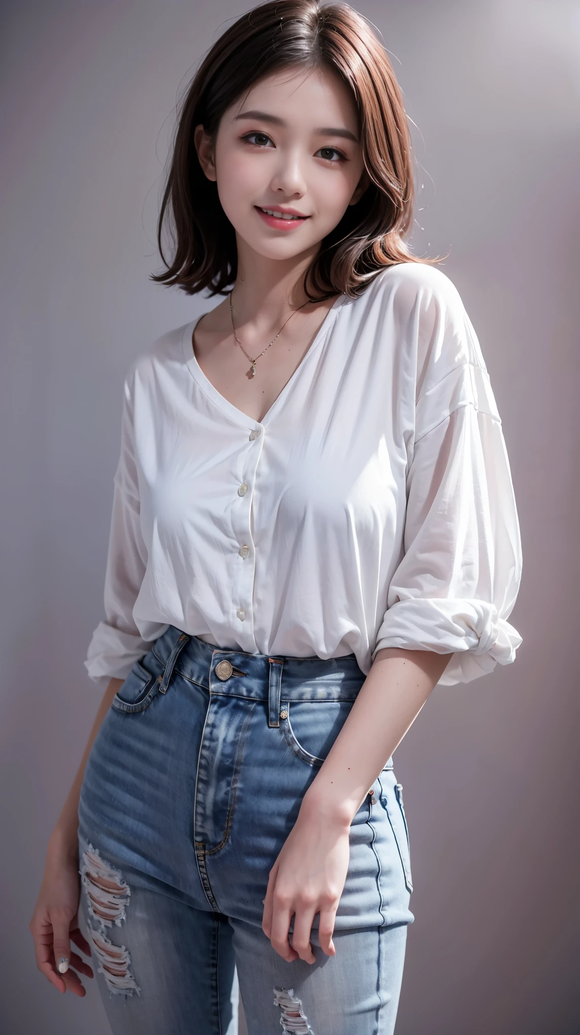 highest quality,masterpiece,Ultra-high resolution,Original photo,Ultra-high resolution,Beautiful woman 25 years old,baggy white shirt,Skinny jeans,Long legs,high waist,Flashy makeup using red eyeshadow,Big smile,Short cut with subtle side waves,whole body:1.5,Gray background,