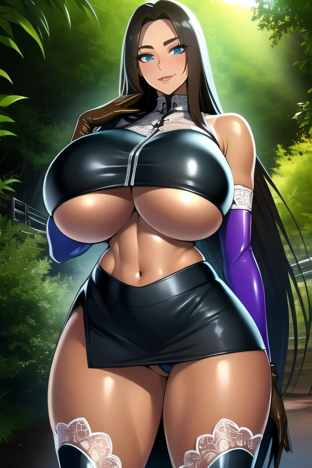ultra realistic 8k cg, masterpiece, ((ultra detailed background, intricate detail, highly detailed, fine details best quality, hyperdetailed face)), gigantic breasts ,beautiful lighting, absurdres, BoaHancockV2, 1girl, solo, black hair, long hair, jewelry, closed mouth, ), ((black crop top : 1.1), (underboob : 1.4), elbow gloves, thigh boots, split skirt, bare shoulders, curvy, midriff, curvy, thighs, shiny clothes), blue eyes, complex detailed background, outdoor, jungle), ((cowboy shot)), curvy, (gigantic breasts: 1.4), seductive smile, cowboy shot, , (tan skin :1.1) (tan face:1.1)