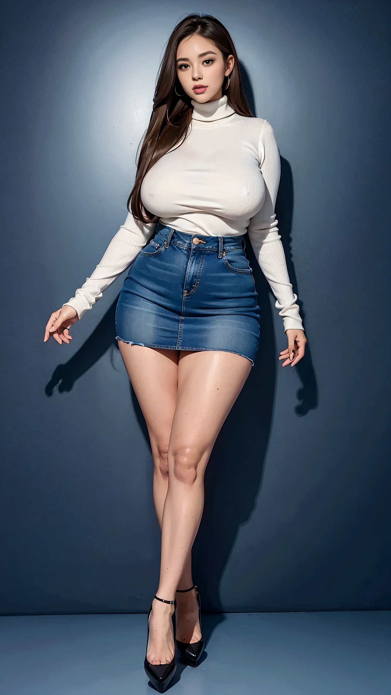 Full body shot of 1 beautiful woman, adult, large body, voluptuous woman, (very long straight hair),( brunette hair), outlined eyelids, made-up eyelids, turtleneck sweater, scarf, neckline, (blue mini denim skirt), tempting , dreaming, curvy hourglass figure, oppai proportion, tight skirt , tall, tall, long legs