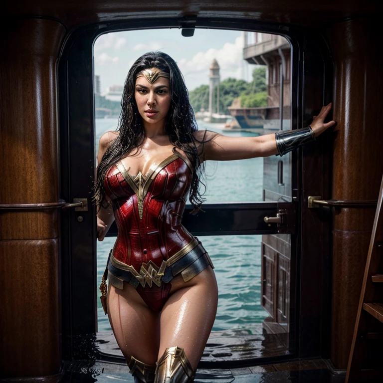 Nikita Mirzani as Wonder Woman, Fullbody from until feet, Long Black Hair, thicc, thick body, huge, sexy, realistic, detailed, exotic, sexy pose, in ship, look to viewer, very wet body, sexy expression, sexy brightness, detailed realistic face,