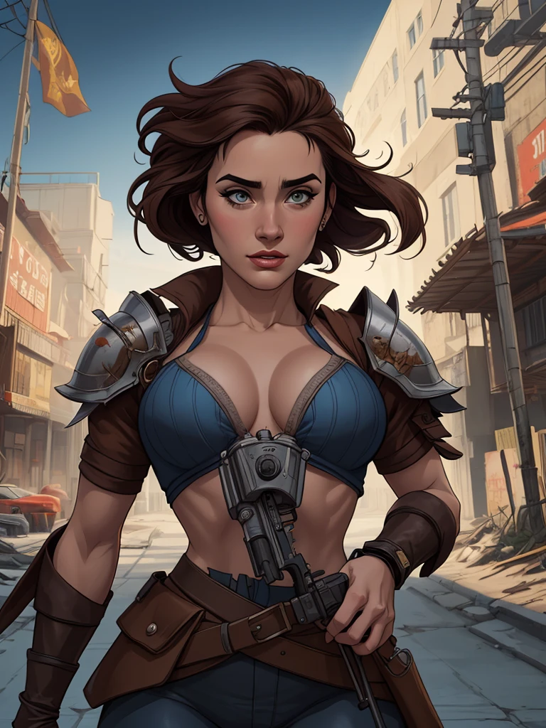 Woman character jeday style warrior armed with a 38 revolver western style atompunk Fallout 4 Jennifer Connelly le with marks of war Cartoon image of a woman .Ilustra??o estilo desenho animado, estilo de arte dos desenhos animados, estilo de arte dos desenhos animados, digital illustration style, estilo atompunk design de personagens altamente detalhado, arte digital detalhada coragem, Forest fan art, Design de personagens de retrato, beautiful digital illustration, retrato de alta qualidade, Arte em quadrinhos, mulher jovem cabelo com transas lindas . Queen Anna of ArendelleBeautiful lined eyes Medium large bust and wonderful sexy clothes. image expression of sexual desire from waist to head illustration Queen Anne of Arendelle atompunk style Fallout 4 The perspective is from below, enfatizando a majestade e o poder da Gigante." armed with a 38 western style revolver with a 38 revolver in her hands jeday warrior style