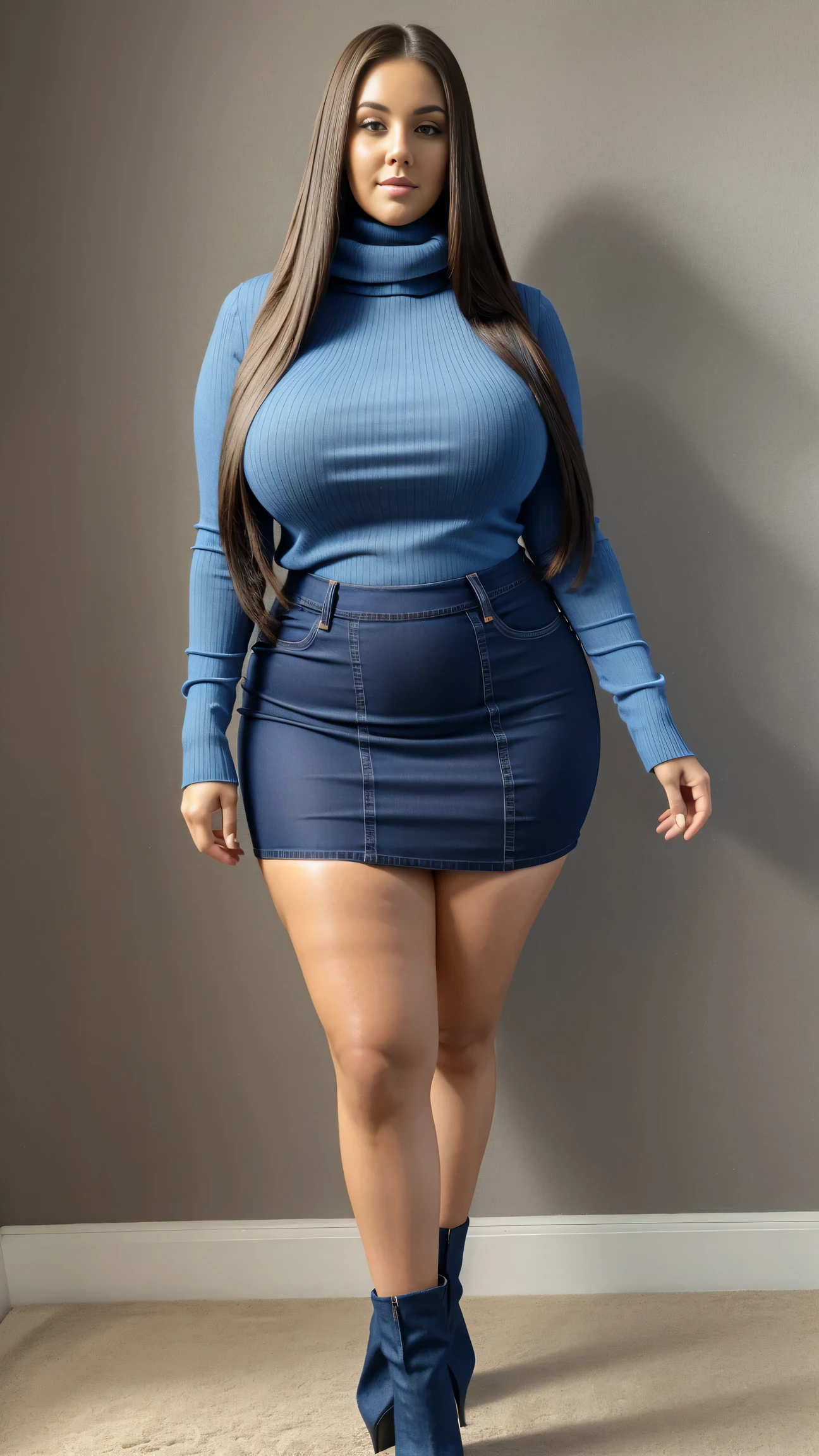 Full body shot of 1 beautiful woman, adult, large body, voluptuous woman, (very long straight hair),( brunette hair), outlined eyelids, made-up eyelids,  turtleneck sweater,  scarf, neckline, (blue mini denim skirt),  tempting , dreaming, curvy hourglass figure, oppai proportion, tight skirt , tall, tall, long legs