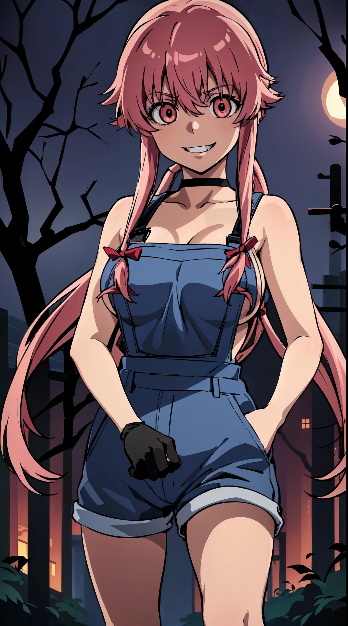 anime_still, masterpiece, best quality, 1girl, Gasai Yuno,pink hair, (large breasts:1.5), twintails, long hair, solo focus, mirai nikki, black choker, dark grey overalls, leather gloves, red eyes, chasing you through the woods, ((nigth:1.5)), crazy, ((crazy eyes)), ((crazy stare)), (fanart of Gasai Yuno), (angry eyes:1.1), (perfect hands:1.4), (masterpiece), best quality, expressive eyes, VHS, ((nigth)), (Parfect Hand:1.3), 4k, 8k, 1980s, from below, (standing over you), (Blood:1.1),Horror, (evil smile:1.4), (evil eyes:1.6), (holding machete:1.5), horror scane, ''crazy eyes'', ''evil smile'', movie poster