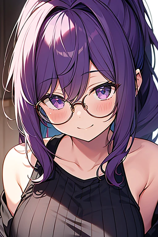 masterpiece,best quality, anime girl,1girl, ((wearing a glasses)),purple hair,smile, solo, closed mouth,looking at viewer, blush, ponytail,wavy hair		