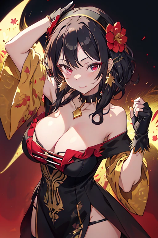 yor briar, anime style beutiful woman, 1girl, happy, sexy pause,(with sparkling eyes and a contagious smile:0.9),red face, closed mouth, beautiful detailed eyes, super detailed skin, backlighting, bare shoulders, black background, black dress, black gloves, black hair, breasts, dress, earrings, fingerless gloves, floating hair, floral print, flower, gloves, gold earrings, gold hairband, hair flower, hair ornament, hairband, holding, holding weapon, jewelry, large breasts, long hair, looking at viewer, off-shoulder dress, off shoulder,red eyes, short hair with long locks, sidelocks, solo, spikes, thighs, two-sided dress, two-sided fabric, weapon, fighting stance , face, close up, from above, highest quality, looking at viewer,high resolution.