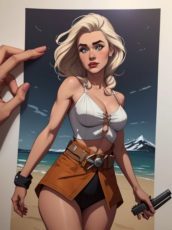 Woman character jeday style warrior armed with a 38 revolver western style atompunk Fallout 4 Jennifer Connelly le with marks of war Cartoon image of a woman .Ilustra??o estilo desenho animado, estilo de arte dos desenhos animados, estilo de arte dos desenhos animados, digital illustration style, estilo atompunk design de personagens altamente detalhado, arte digital detalhada coragem, Forest fan art, Design de personagens de retrato, beautiful digital illustration, retrato de alta qualidade, Arte em quadrinhos, mulher jovem cabelo com transas lindas . Queen Anna of ArendelleBeautiful lined eyes Medium large bust and wonderful sexy clothes. image expression of sexual desire from waist to head illustration Queen Anne of Arendelle atompunk style Fallout 4 The perspective is from below, enfatizando a majestade e o poder da Gigante." armed with a 38 revolver western style with a 38 revolver in her hands jeday style warrior in summer clothes on the beach