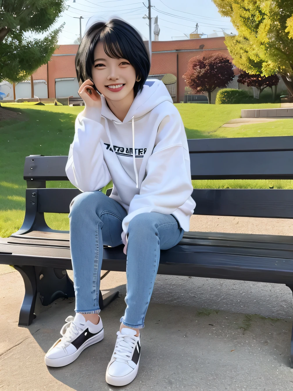 highest quality)), ((masterpiece)), (Get used to it), Perfect Face、((highest quality)), A beautiful and elegant woman sitting on a park bench、ear piercing、hoodie、Skinny jeans、sneakers、Black Hair、Short Haircut、Smiling with teeth showing、Full body photo、Ear piercing information