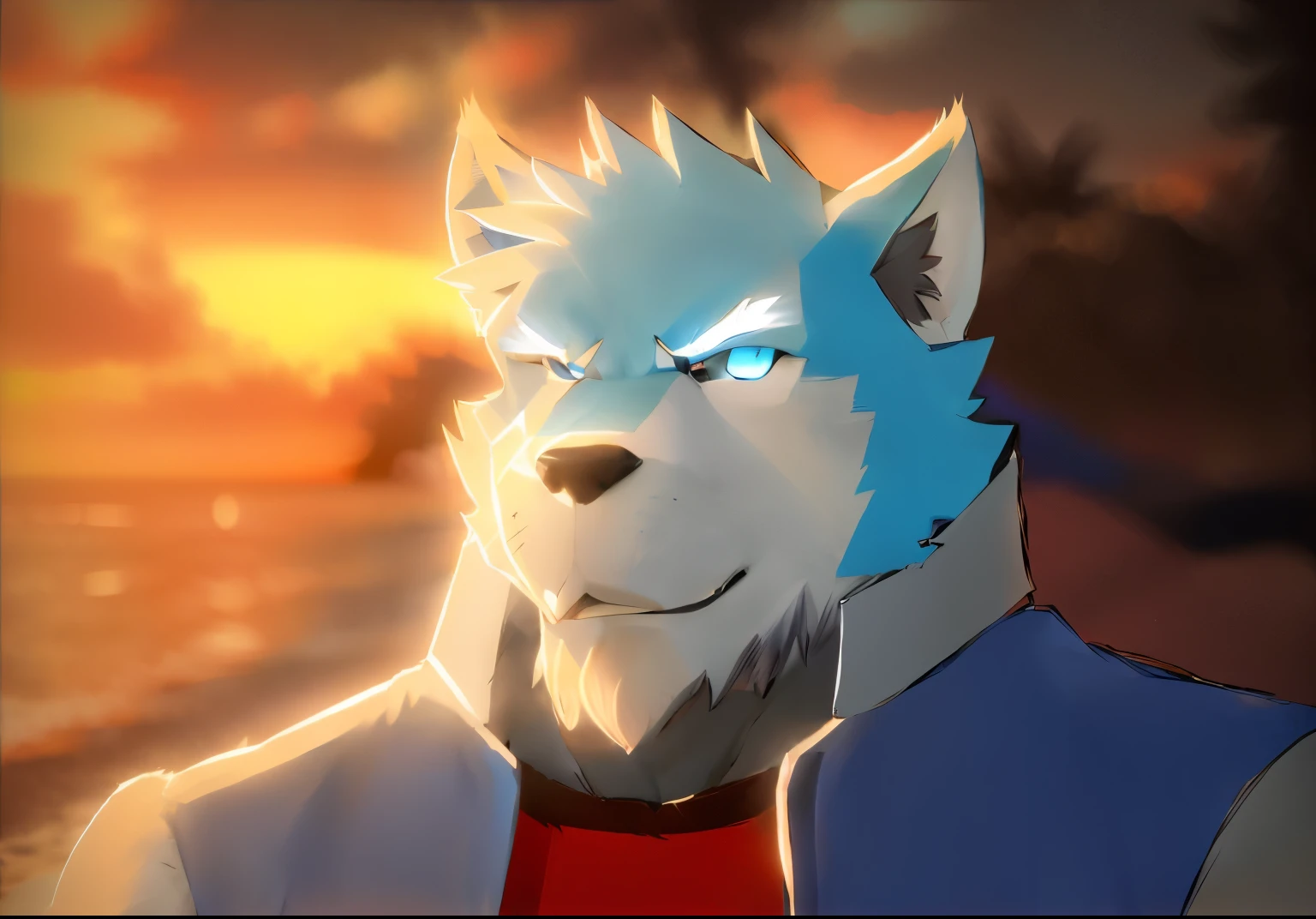 Furry art, male wolf, blue furry, eyes blue, sunset, Beach, muscle, jacket, wolf man