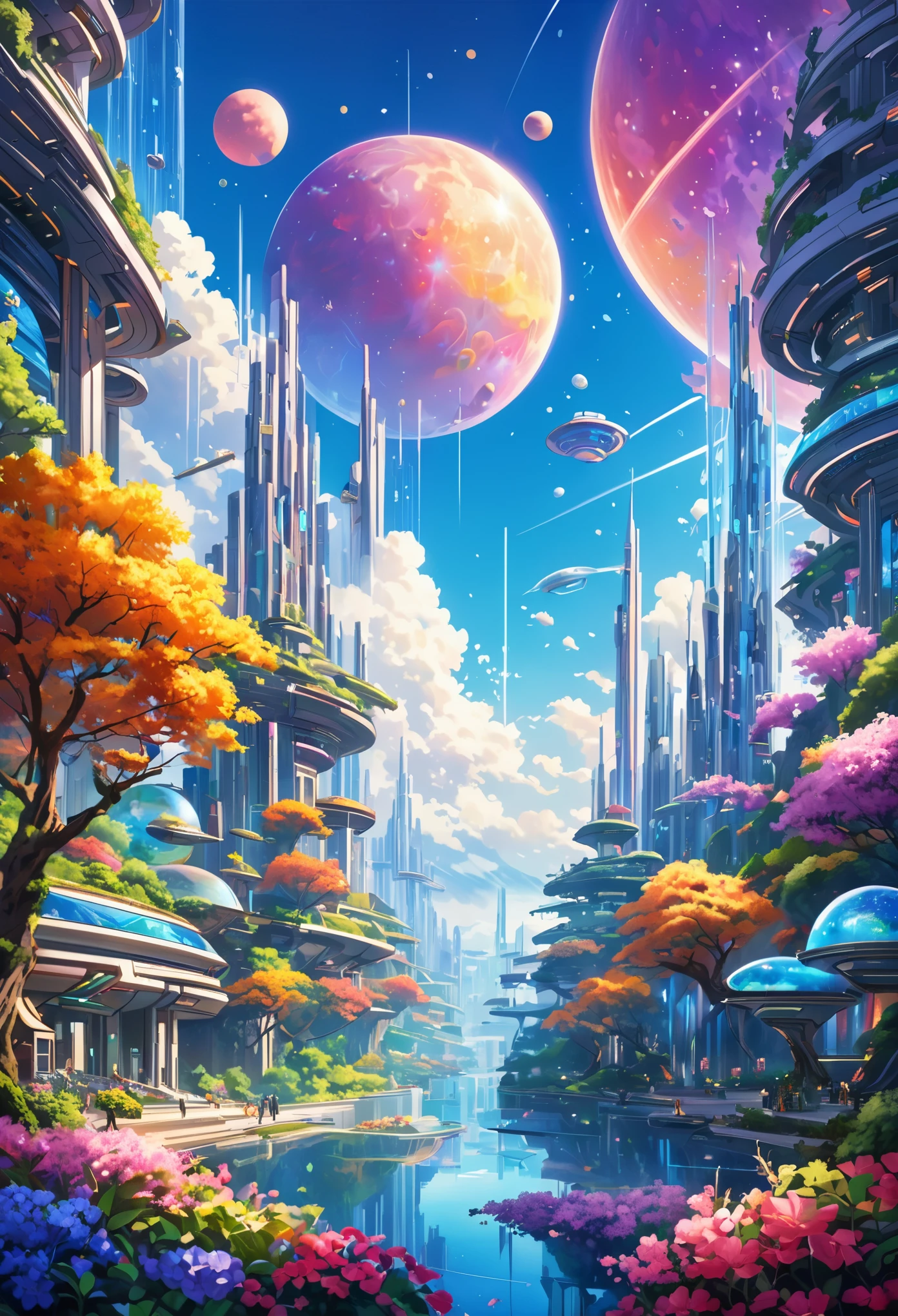 (in the style of futuristic:1.8),Generate realistic future landscapes，beauty, Gorgeous and romantic building, Flying Future Complex, crystal waterfalls from Flying Future Complex, And highly refined flowers, this is the flying city of the future people. 这些未来主义的城市看起来像是用sparkling的宝石雕刻而成的, Clear and intricate details, Added realism，云朵在Colorful的天空中飘散成beauty闪烁的星星, The deep blue and purple light in the sky is mesmerizing, Create a charming atmosphere. Contains multiple different levels，Strong visual interest. The environment is huge，Awesome, This is a macro photo. The general atmosphere is peaceful., Serenity and highly refined sweetness. Contains interesting fantasy elements，Its colors complement the rest of the landscape. The sky should be very detailed. The landscape should be very detailed. All buildings should be decorated with intricate details. Contains a shiny futuristic vibe, Distributed glass cover, Colorful, Lots of futuristic little details, Including rainbow, Professionally crafted spectacular landscapes, sparkling. Contains lots of bright colors and blurry, hyper-realistic details. camera: Use dynamic compositions to create interest and excitement. Computer graphics and image processing, Unreal Engine, unified engine, ((masterpiece)), high resolution, 8k, Best image quality, High image quality, High image quality, High image quality, 16,Raw, Ultra High image quality, Super Detail, Fine details, Extremely refined, Extremely detailed, Realistic shadows, cartoon, very detailed painting, Award-winning glamor, Wonderful paintings, Art style, Stylization ,