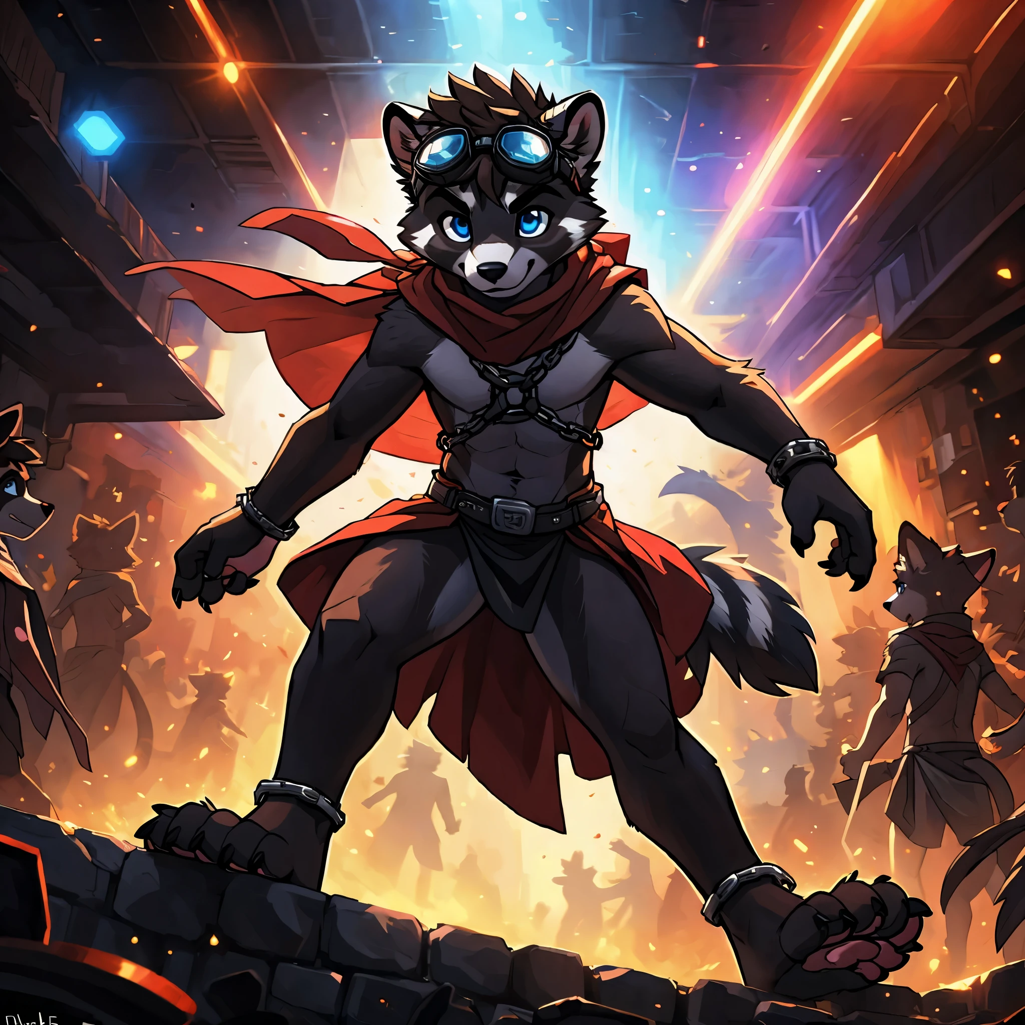 High-quality illustrations, unparalleled masterpiece, (furry anthro:1.7)absurdres(highly detailed beautiful face and eyes)perfect anatomy, expression, caustics, no lighting, deep shadow, dynamic angle, masterpiece, high quality, hi res, solo, young Furry, furry, young raccoon, spiked brown hair only on head, brown body, red scarf, blue eyes, goggles, chain harness, Black loincloth, red cape, masterpiece, detail body, fur all over body, flat body, detailed face, detailed eyes, detailed hands, claws, high resolution, metal cuffs on wrists, metal cuffs on ankles, no shirt, no underwear, crowded nightclub, walking away, by pache_riggs