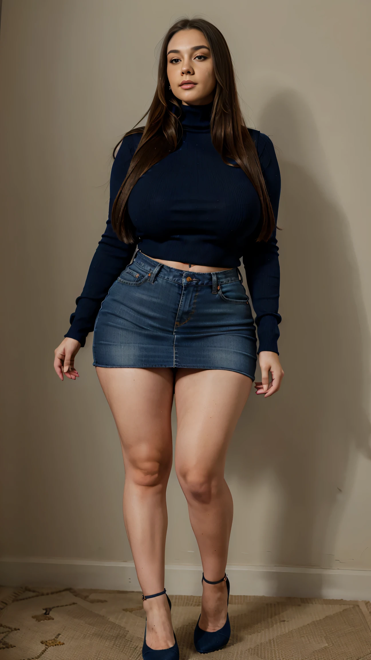 Full body shot of 1 beautiful woman, adult, large body, voluptuous woman, (very long straight hair),( brunette hair), outlined eyelids, made-up eyelids, turtleneck sweater, scarf, neckline, (blue mini denim skirt), tempting , dreaming, curvy hourglass figure, oppai proportion, tight skirt , tall, tall, long legs