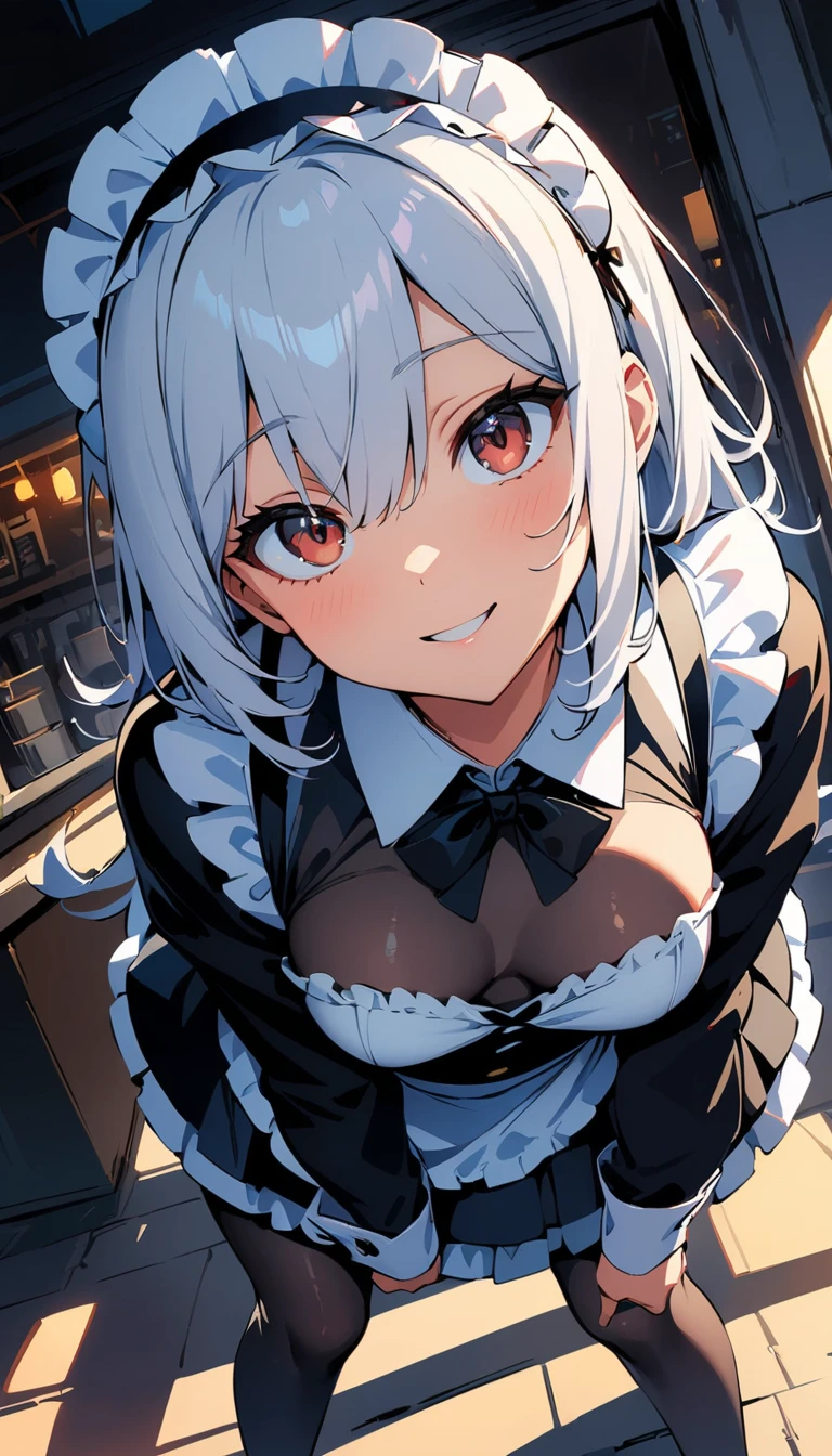 (high quality, 8k, 4K, High Contrast, masterpiece:1.2, 最high quality, Best aesthetics), , Maid, Very detailed, Seductive and erotic girl with lace headdress, smile, (Small breasts, Silver fur), Focus on the face, Focus on the face, Complex eyes, tights, laced tights, coffee shop, Ground angle shot, Viewers looking up, feet in tights, Open-chested clothing