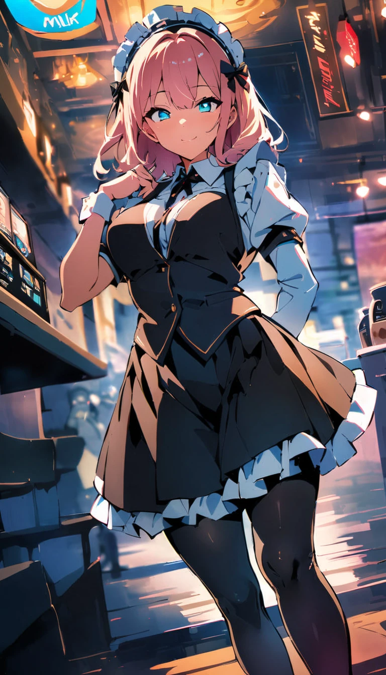 (high quality, 8k, 4K, High Contrast, masterpiece:1.2, 最high quality, Best aesthetics), , Maid, Very detailed, Seductive and erotic girl with lace headdress, smile, (Normal milk, Silver fur), Focus on the face, Focus on the face, Complex eyes, tights, laced tights, coffee shop, Ground angle shot, Viewers looking up, feet in tights, Open-chested clothing