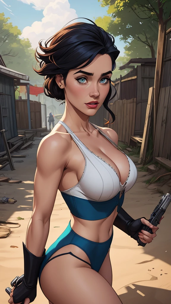 Woman character jeday style warrior armed with a 38 revolver western style atompunk Fallout 4 Jennifer Connelly le with marks of war Cartoon image of a woman .Ilustra??o estilo desenho animado, estilo de arte dos desenhos animados, estilo de arte dos desenhos animados, digital illustration style, estilo atompunk design de personagens altamente detalhado, arte digital detalhada coragem, Forest fan art, Design de personagens de retrato, beautiful digital illustration, retrato de alta qualidade, Arte em quadrinhos, mulher jovem cabelo com transas lindas . Queen Anna of ArendelleBeautiful lined eyes Medium large bust and wonderful sexy clothes. image expression of sexual desire from waist to head illustration Queen Anne of Arendelle atompunk style Fallout 4 The perspective is from below, enfatizando a majestade e o poder da Gigante." armed with a 38 revolver western style with a 38 revolver in her hands jeday style warrior in summer clothes on the beach