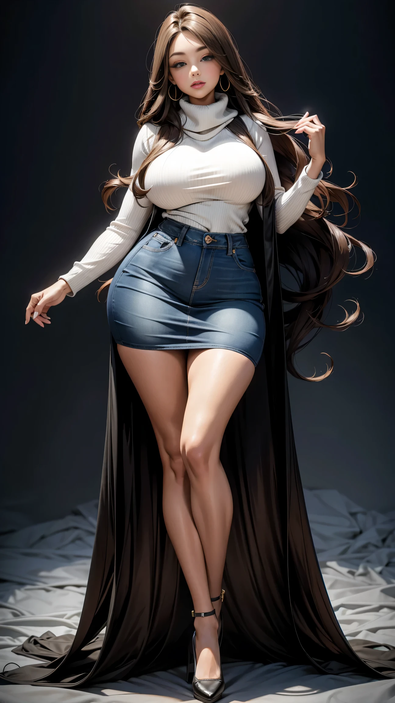 Full body shot of 1 beautiful woman, adult, large body, voluptuous woman, (very long straight hair),( brunette hair), outlined eyelids, made-up eyelids,  turtleneck sweater,  scarf, neckline, (blue mini denim skirt),  tempting , dreaming, curvy hourglass figure, oppai proportion, tight skirt , tall, tall, long legs