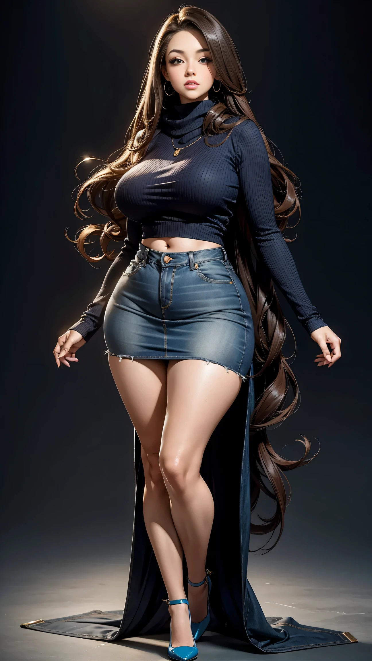 Full body photo of 1 beautiful woman, adult, big body, Voluptuous woman, (very long straight hair),( Brown hair), lined eyelids, makeup eyelids, coat turtleneck, scarf, neckline, (blue denim miniskirt), Tempting , ringing, curvy hourglass figure, oppai ratio, Tight skirt , high, high, long legs