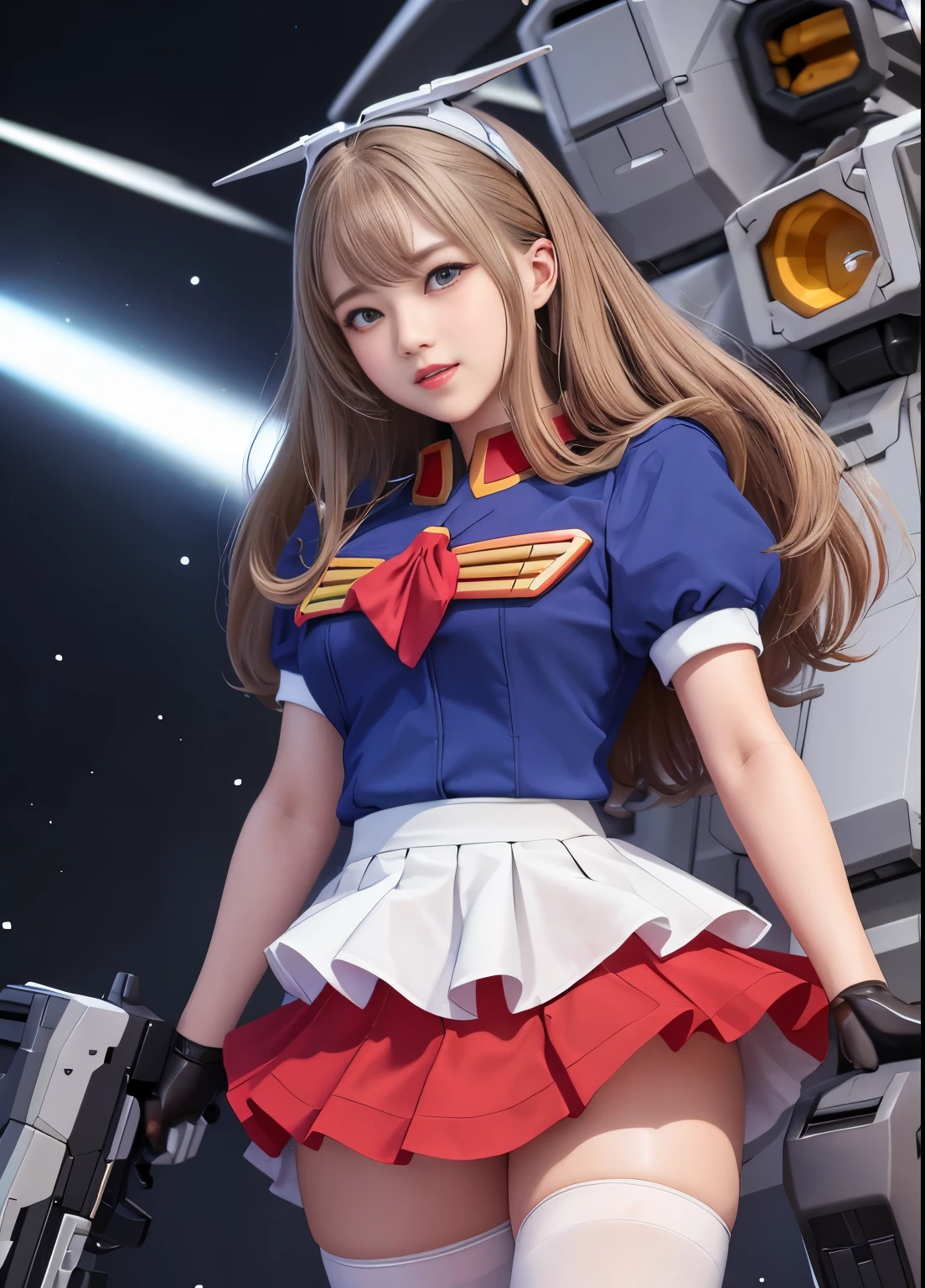(highest quality)、(masterpiece)、detailed、realism、Mobile Suit Gundam F91 Personification、Chibi Character、Great highlights on the upper body, Powerful Mech、Beam rifle, girl, 22 years old, , Beautiful Eyes, Modest nose、Moisturized lips、smile、Absolute area, Wet slightly thick thighs、A little chubby、Sheer skirt、Very affectionate love relationship、universe、Enemy battle scene、Spread your legs、Pussy、Be enchanted by amazing beauty、