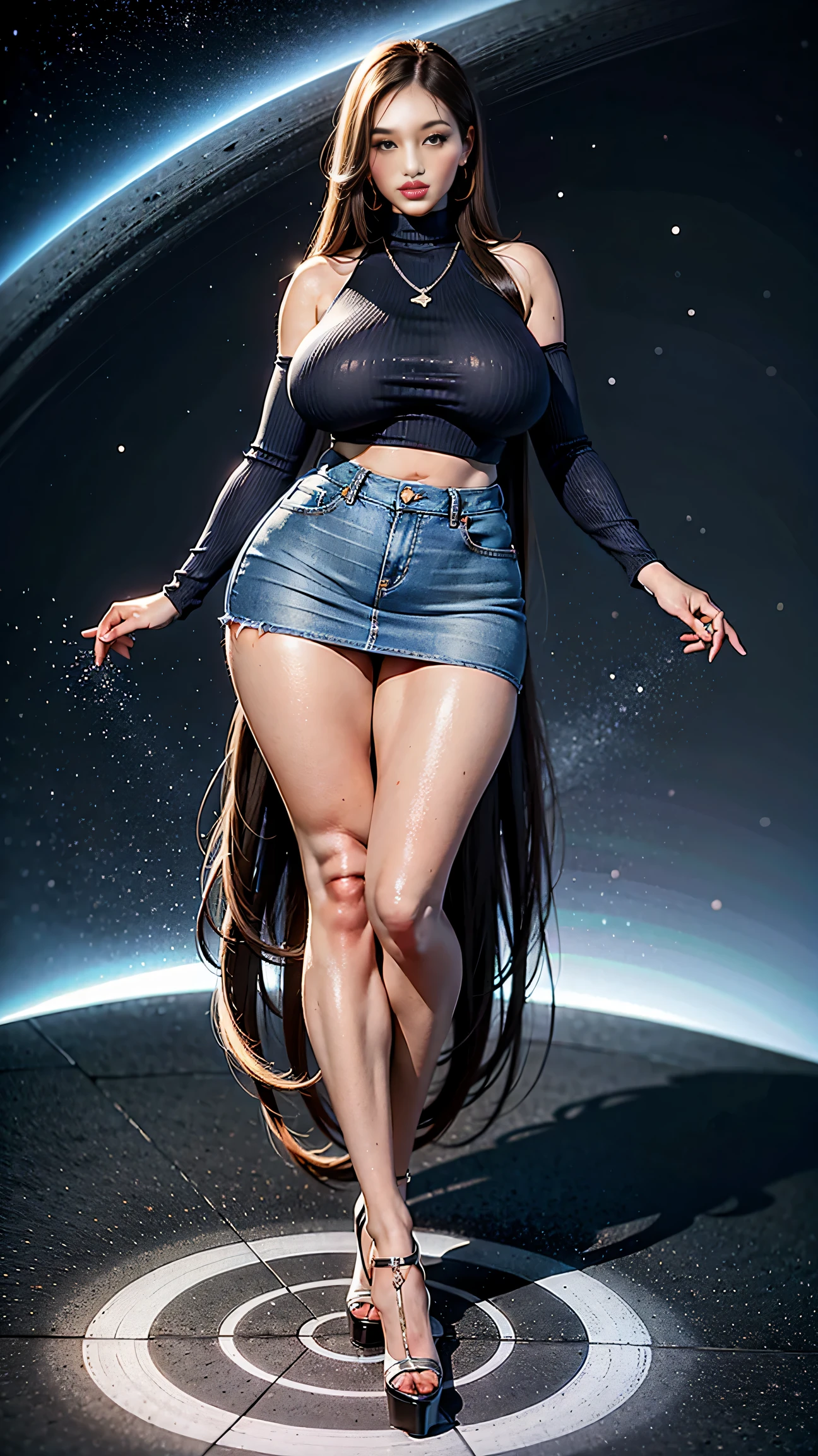 Full body shot of 1 beautiful woman, adult, large body, voluptuous woman, (very long straight hair),( brunette hair), outlined eyelids, made-up eyelids, turtleneck sweater, scarf, neckline, (blue mini denim skirt), tempting , dreaming, curvy hourglass figure, oppai proportion, tight skirt , tall, tall, long legs