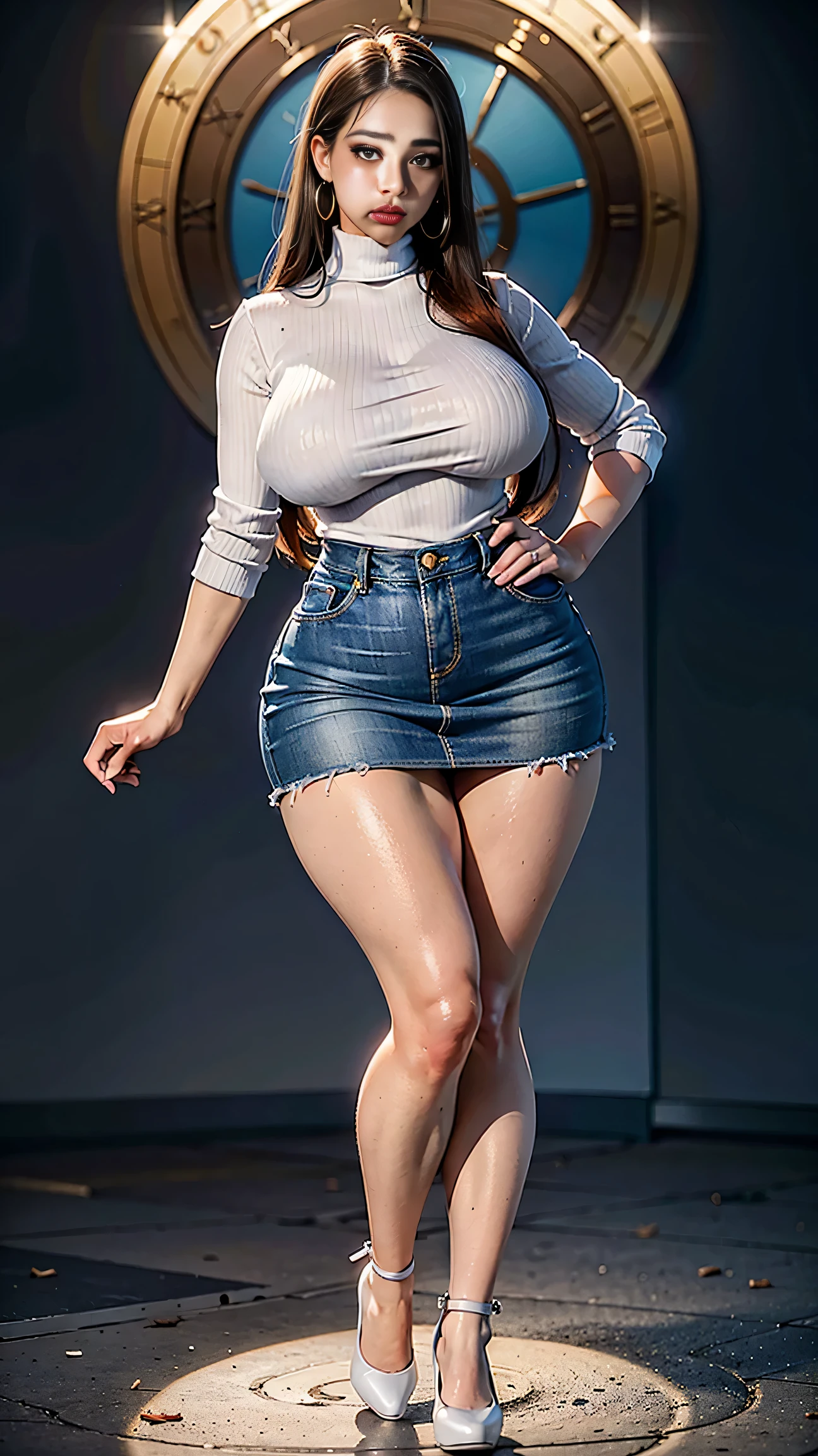 Full body shot of 1 beautiful woman, adult, large body, voluptuous woman, (very long straight hair),( brunette hair), outlined eyelids, made-up eyelids, turtleneck sweater, scarf, neckline, (blue mini denim skirt), tempting , dreaming, curvy hourglass figure, oppai proportion, tight skirt , tall, tall, long legs