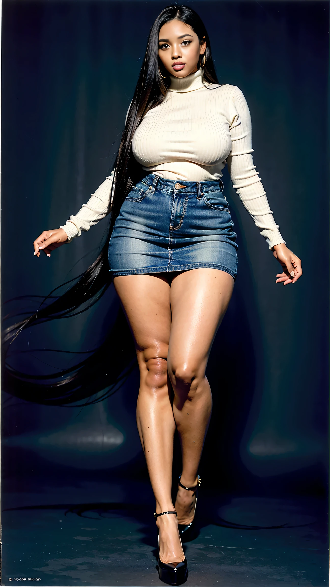 Full body shot of 1 beautiful woman, adult, large body, voluptuous woman, (very long straight hair),( brunette hair), outlined eyelids, made-up eyelids, turtleneck sweater, scarf, neckline, (blue mini denim skirt), tempting , dreaming, curvy hourglass figure, oppai proportion, tight skirt , tall, tall, long legs