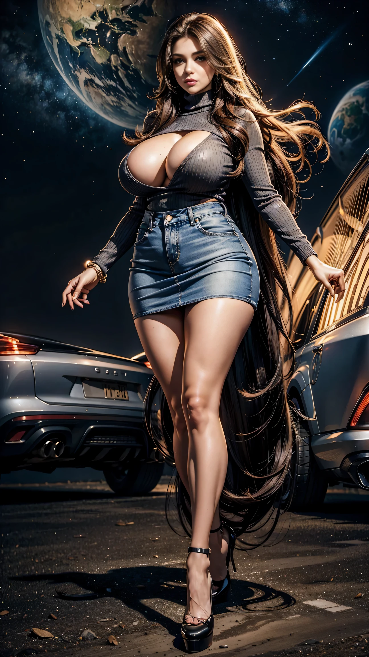 Full body shot of 1 beautiful woman, adult, large body, voluptuous woman, (very long straight hair),( brunette hair), outlined eyelids, made-up eyelids,  turtleneck sweater,  scarf, neckline, (blue mini denim skirt),  tempting , dreaming, curvy hourglass figure, oppai proportion, tight skirt , tall, tall, long legs