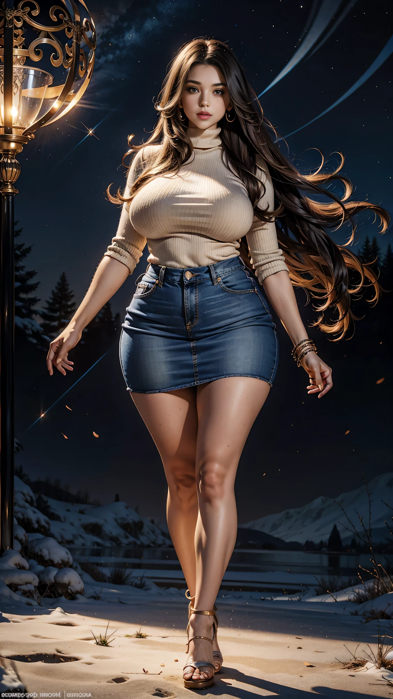 Full body shot of 1 beautiful woman, adult, large body, voluptuous woman, (very long straight hair),( brunette hair), outlined eyelids, made-up eyelids,  turtleneck sweater,  scarf, neckline, (blue mini denim skirt),  tempting , dreaming, curvy hourglass figure, oppai proportion, tight skirt , tall, tall, long legs