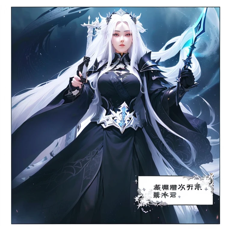 a woman in a black dress with long white hair and a sword, white haired deity, ((a beautiful fantasy empress)),