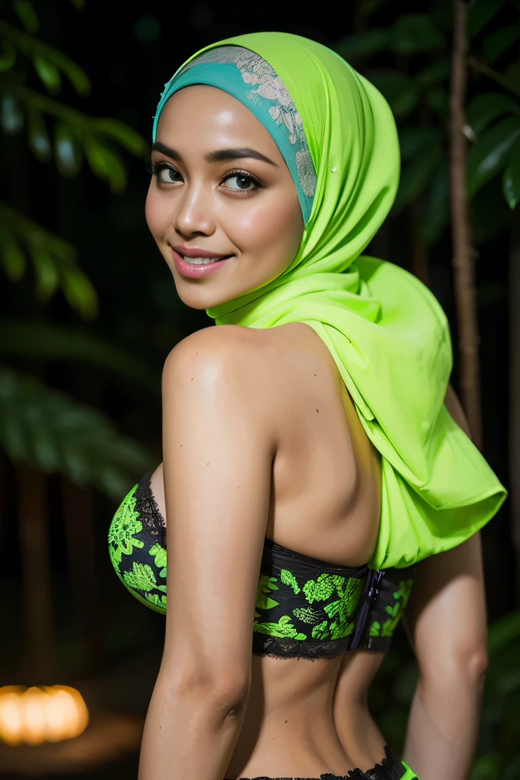 ((Gigantic tits:1.5)), (from behind up) seductive pose, ((Chubby:1.4)), (Happy smile), (((HIJAB MALAY GIRL))), masutepiece, High quality, UHD 32K, Realistic face, Realistic skin feeling , A Japanese Lady, 58 years old matured lady, (((FLAT CHEST))), (Night time at forest), ((look In front  at the camera and SADNESS)), (((GREEN FLUORESCENT & GREEN FLUORESCENT))), ((GREEN FLUORESCENT LIPS)), ((Floral Pattern)), ((wearing pastel lace strapless bra)), dark night background , black forest night, horror scary place,