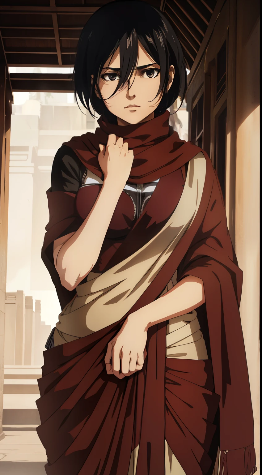 Mikasa from aot , mikasa in proper Indian saree , best quality, ultra quality , ultra Hd