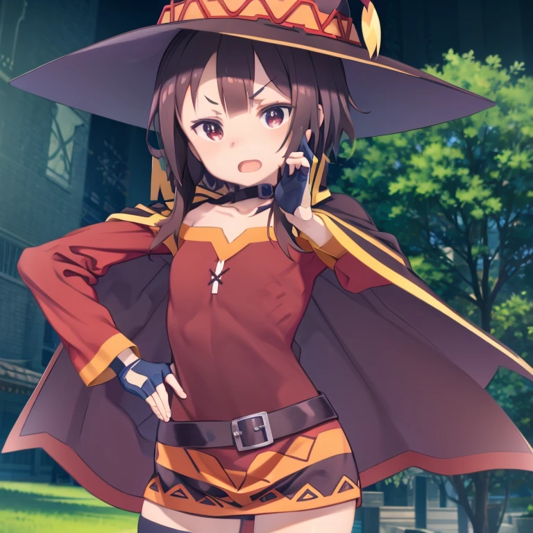 highest quality, masterpiece, High resolution、Cowboy Shot、１People Girls、Red eyes、short hair、Brown Hair、choker、clavicle、short hair with long locks、Side Lock、Small breasts、Witch Hat、Black Cape、Black knee socks、bandage、Red dress、Black gloves、Single knee socks、belt、Orange boots、Asymmetrical legwear、bandageを巻いた足、Long sleeve,Fingerless gloves、V-shaped eyebrows、Open your mouth、pose、Dynamic pose、Jumping、Fantasy、grassland、blue sky、
