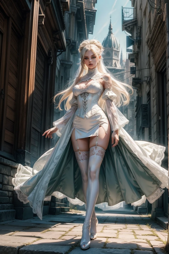 ((show full body from head to toe, standing, body facing to the viewer (show front body)). Pale skin, Tall body, fit body, slender body, medium breast. Exquisite eyes, shiny skins, gorgeous, pretty face, pink lips, perfect figure. A female wizard wearing green and white clothes, long sleeves(lace sleeves), skirts, corset, cloak, robes, cape, gloves, stockings, show heels. long white hair with bangs (updo). Masterpiece:1.5, illustration:1.1, best quality:1.5, fine detail, perfect detail, 4k, HDR, balance focused camera view, centered camera view, middle camera view, vertical scape camera, five fingers straight, natural lighting, bright lighting, sunlight, daylight, sharp focus, smooth detail, HDR, big resolution. Outdoor, bright sky.