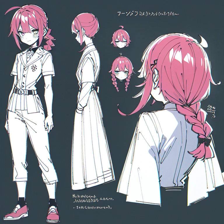 (Character Design Sheet, (((same character))), front, Side, back), 2D anime style, anime mo art style, 1 person, asexual, Pink hair, long bangs, thin twisted braid, golden eyes, Brilliant eyes, no clothes, Black limbs, cute art style, иллюстрация anime style, from Kamagurka, in pixiv, pixiv style, pixiv, anime style, anime art style, whole body commission