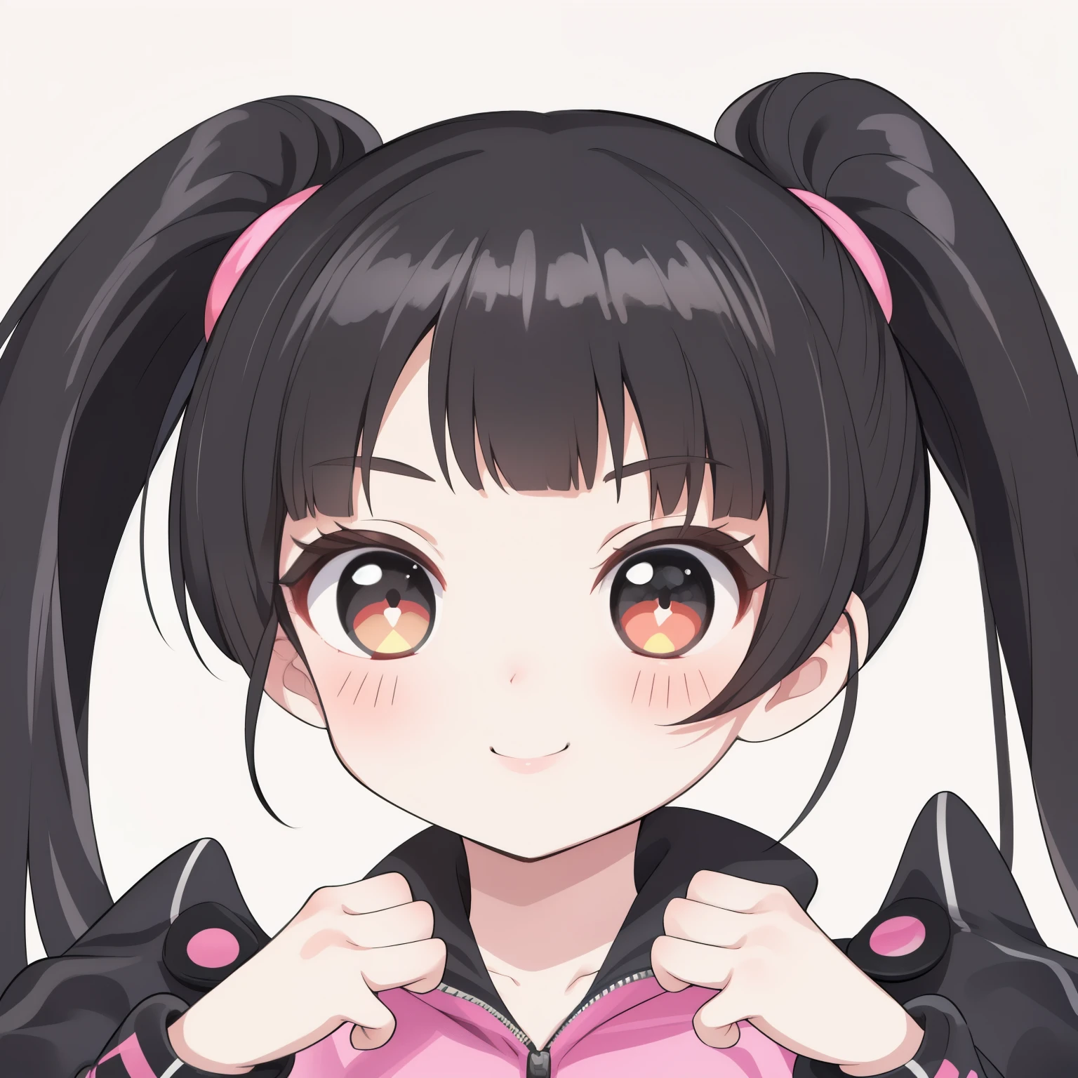 Highest_quality,masterpiece,1_girl,  smile, tooth, Black Hair, short hair,bangs, Open your mouth, Side Ponytail,Raise your arms,  blunt bangs, Reverse hair