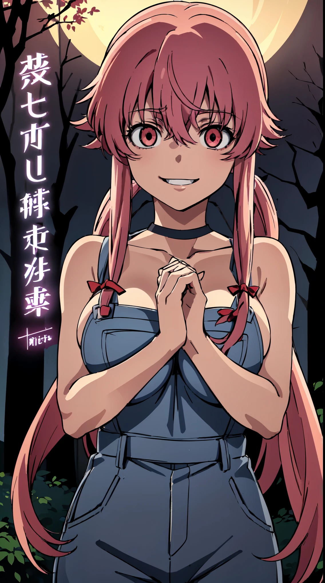 anime_still, masterpiece, best quality, 1girl, Gasai Yuno,pink hair, (large breasts:1.5), twintails, long hair, solo focus, mirai nikki, black choker, dark grey overalls, leather gloves, red eyes, chasing you through the woods, ((nigth:1.5)), crazy, ((crazy eyes)), ((crazy stare)), (fanart of Gasai Yuno), (angry eyes:1.1), (perfect hands:1.4), (masterpiece), best quality, expressive eyes, VHS, ((nigth)), (Parfect Hand:1.3), 4k, 8k, 1980s, from below, (standing over you), (Blood:1.1),Horror, (evil smile:1.4), (evil eyes:1.6), (holding machete:1.5), horror scane, ''crazy eyes'', ''evil smile'', movie poster