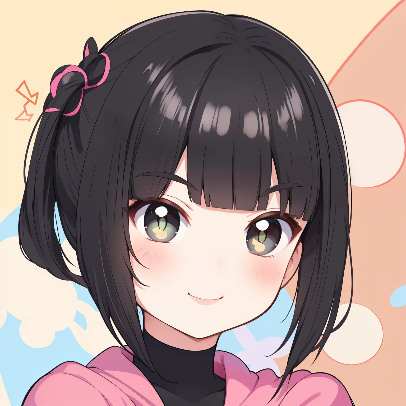 Highest_quality,masterpiece,1_girl,  smile, tooth, Black Hair, short hair,bangs, Open your mouth, Side Ponytail,Raise your arms,  blunt bangs, Reverse hair