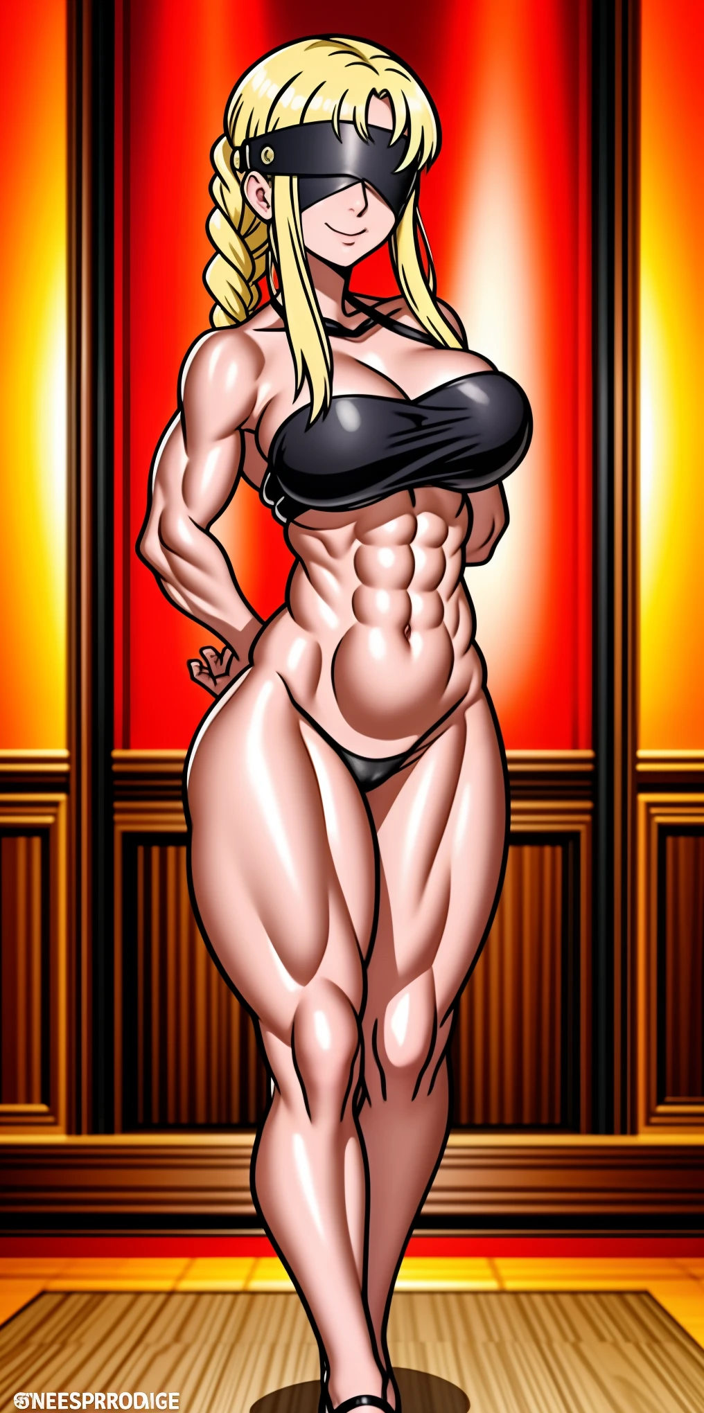 (masterpiece, HI quality: 1.1) 1girl full body standing good face, nice ass, hairstyle: braid, Color Hair: blonde long hair, Blindfolded: NO EYES, Skin: White (porcelain skin, sparkly skin), muscular, thighs, Mature woman, Abs, looks at the viewer smiling, extremely huge breasts, maternal, chest cover with clothes (Yor Forger - Spy x Family)