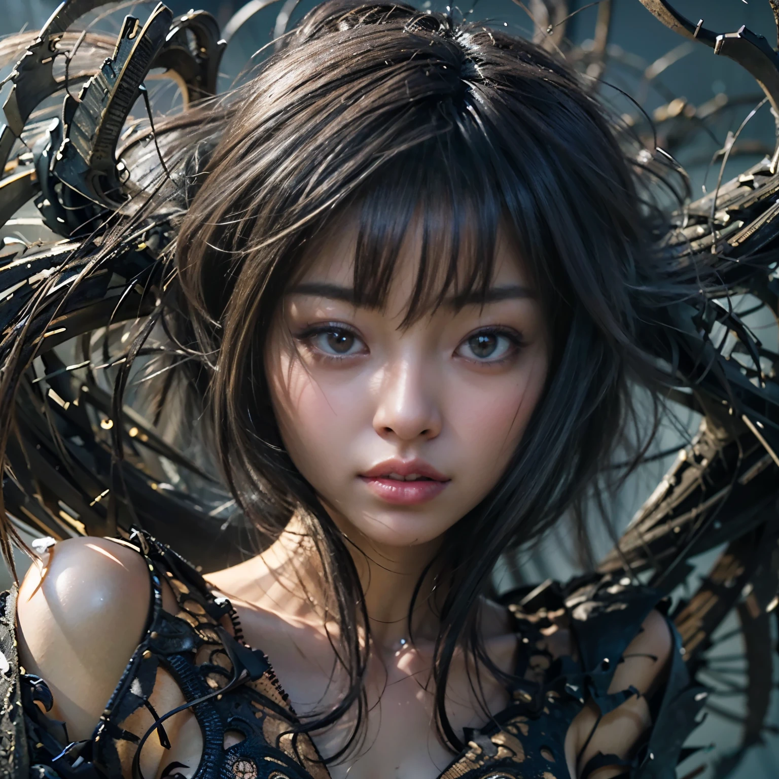 (masterpiece, best quality:1.2), (8k uhd, 16k, 32k, ultra high res), (photorealistic:1.37), (RAW photo), ultimate-realistic, ultimate-realistic details, ultimate-realistic texture, ultimate-intricate details, ultimate-realistic lighting, ultimate-realistic shadow, japanese girl, ultimate-cute face, ultimate-RAW skin, ultimate-realistic eyes, Beautiful Japanese girl with beautiful eyes and lips on upper body, spider body on lower body, bat wings, partly mechanical elements, 16 years old, vivid colors, detailed depiction of girl's hair blowing in the wind, realistic textures on the spider body, mechanical partssurrealistic lighting, eerie atmosphere, dark and mysterious background