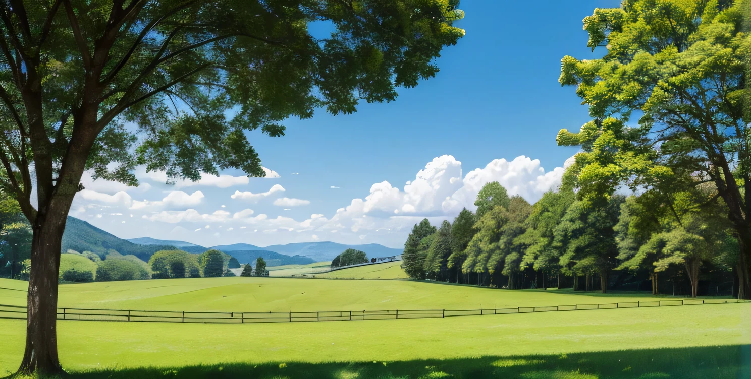 A single tree in a wide, green grass field in the hills on a sunny afternoon