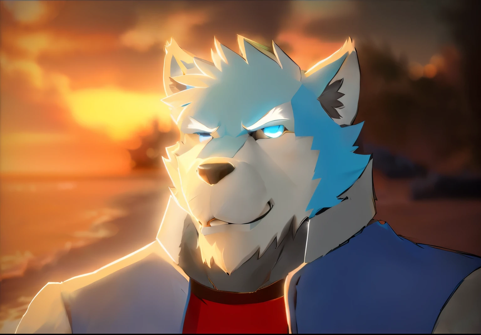 Furry art, male wolf, blue furry, eyes blue, sunset, Beach, muscle, jacket, wolf man, closed mouth 