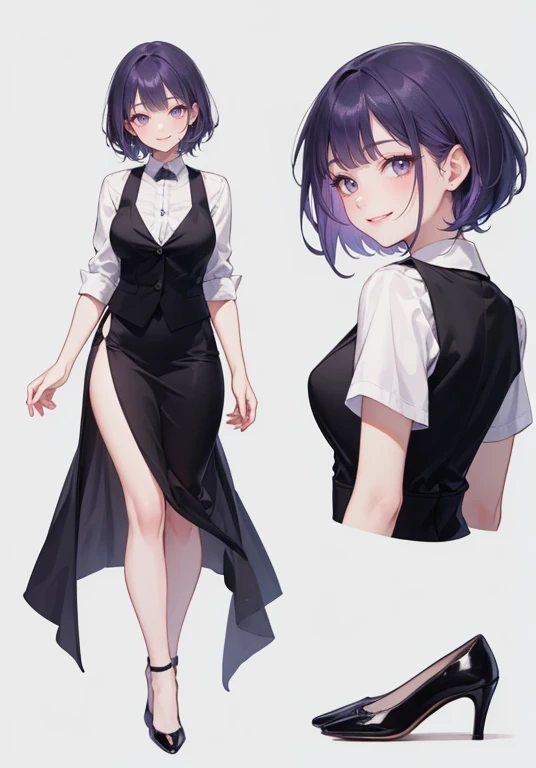 ((Perfect Face)),Purple Hair,short hair,1 female,bartender,,Black vest,skirt,slit,High heels,((Simple light color background)),((smile)),((whole body)),((whole body)),Portraits,Character Sheet,upright,expensive