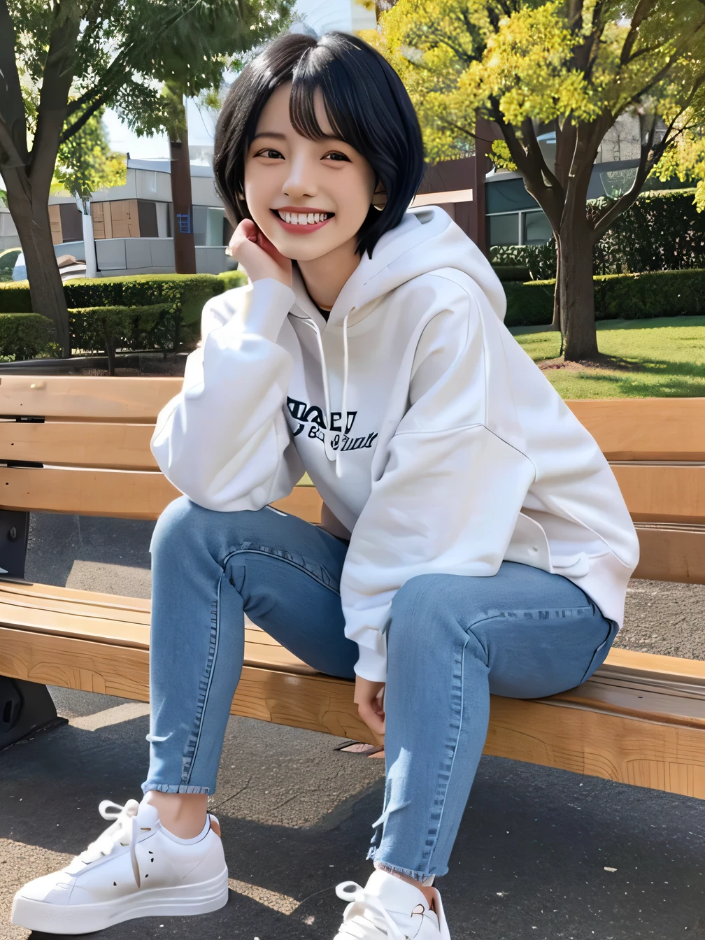 highest quality)), ((masterpiece)), (Get used to it), Perfect Face、((highest quality)), A beautiful and elegant woman sitting on a park bench、ear piercing、hoodie、Skinny jeans、sneakers、Black Hair、Short Haircut、Smiling with teeth showing、Full body photo、Ear piercing information