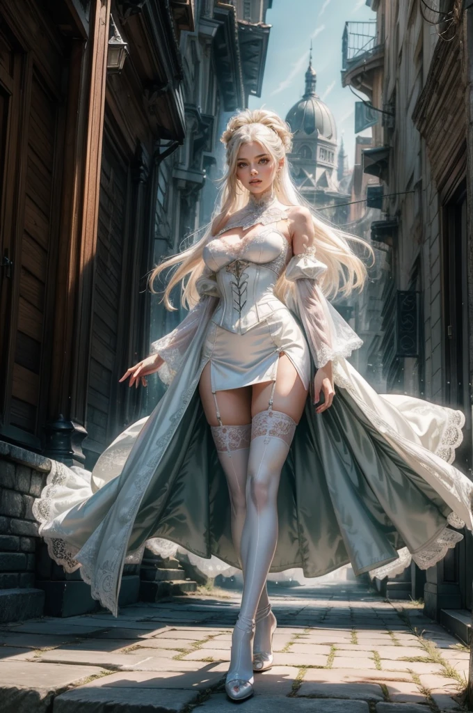 ((show full body from head to toe, standing, body facing to the viewer (show front body)). Pale skin, Tall body, fit body, slender body, medium breast. Exquisite eyes, shiny skins, gorgeous, pretty face, pink lips, perfect figure. A female wizard wearing green and white clothes, long sleeves(lace sleeves), skirts, corset, cloak, robes, cape, gloves, stockings, show heels. long white hair with bangs (updo). Masterpiece:1.5, illustration:1.1, best quality:1.5, fine detail, perfect detail, 4k, HDR, balance focused camera view, centered camera view, middle camera view, vertical scape camera, five fingers straight, natural lighting, bright lighting, sunlight, daylight, sharp focus, smooth detail, HDR, big resolution. Outdoor, bright sky.