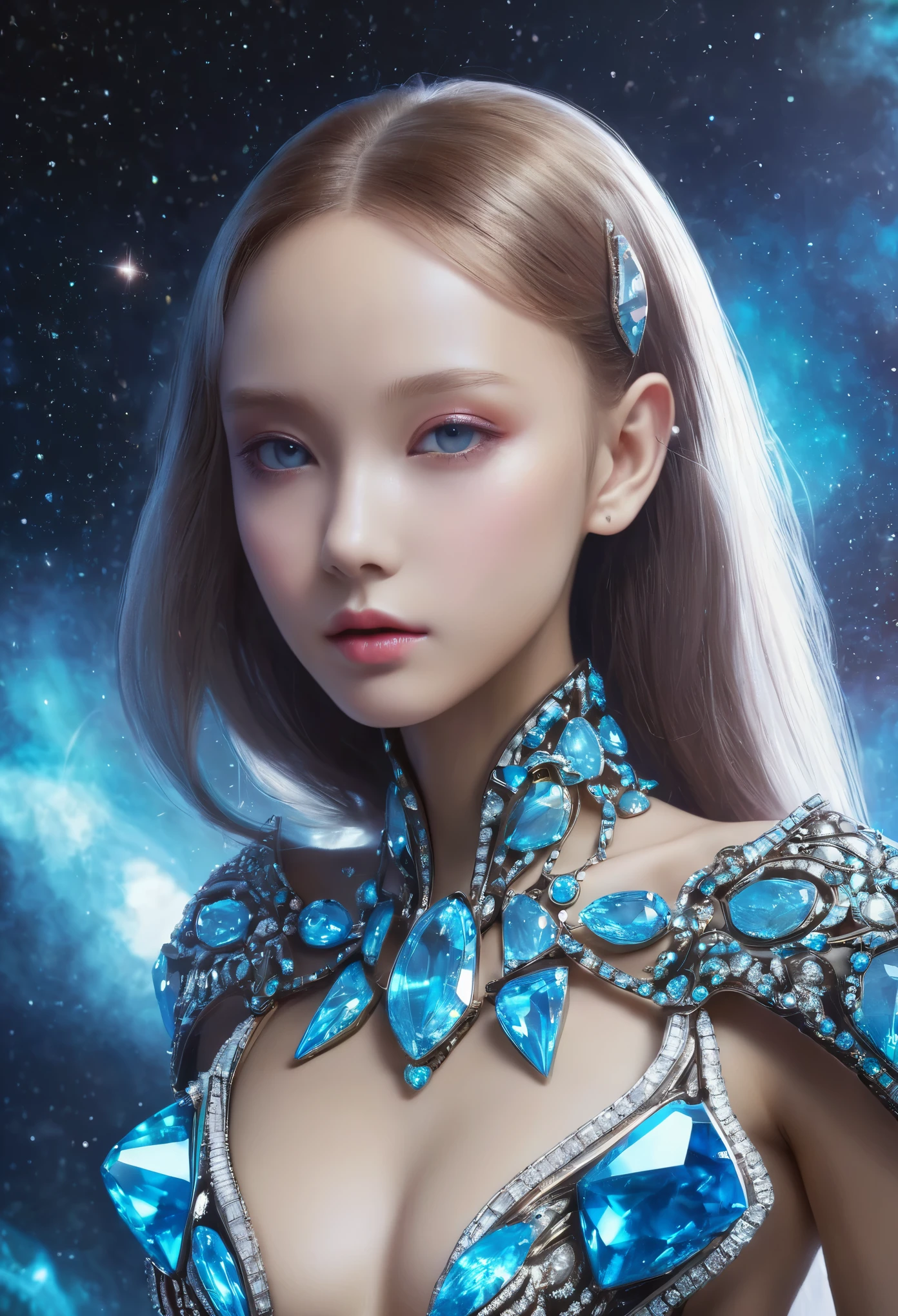 An alien girl whose body is made of minerals diamond、Topaz
